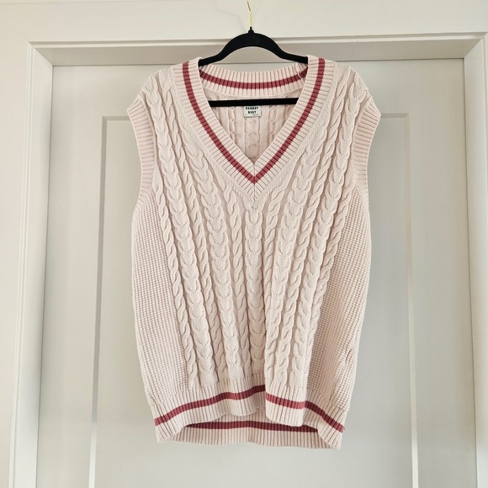 Sunday Best Pale Pink Cable-Knit V-Neck Sweater Vest with Rose Trim